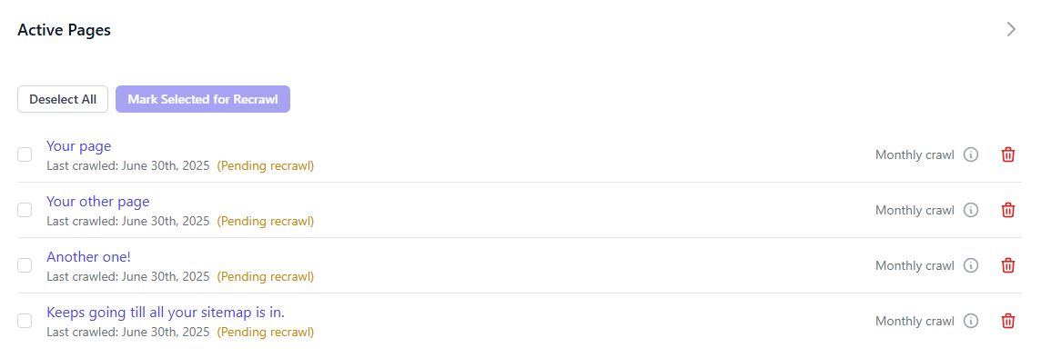 Dashboard of active pages MetaSculpt AI keeps track of.